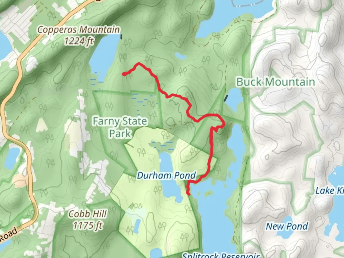 An image depicting the trail Durham Pond ans Splitrock Reservoir and its surrounding area.
