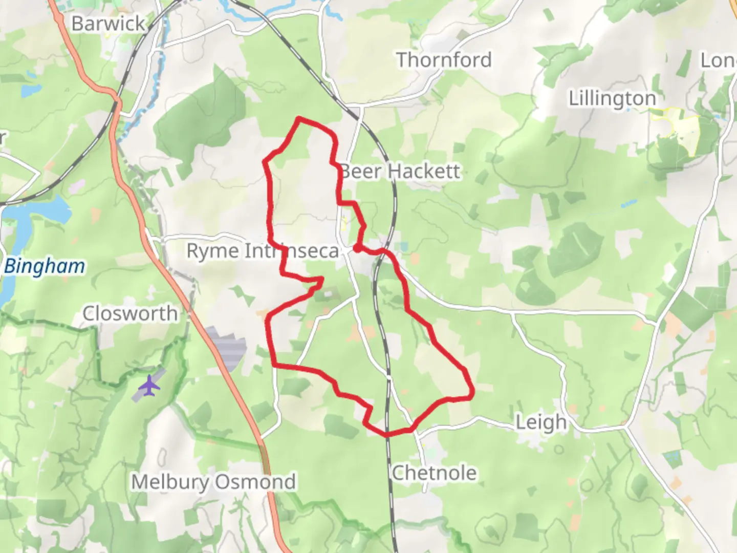 An image depicting the trail Yetminster Country Park Loop and its surrounding area.