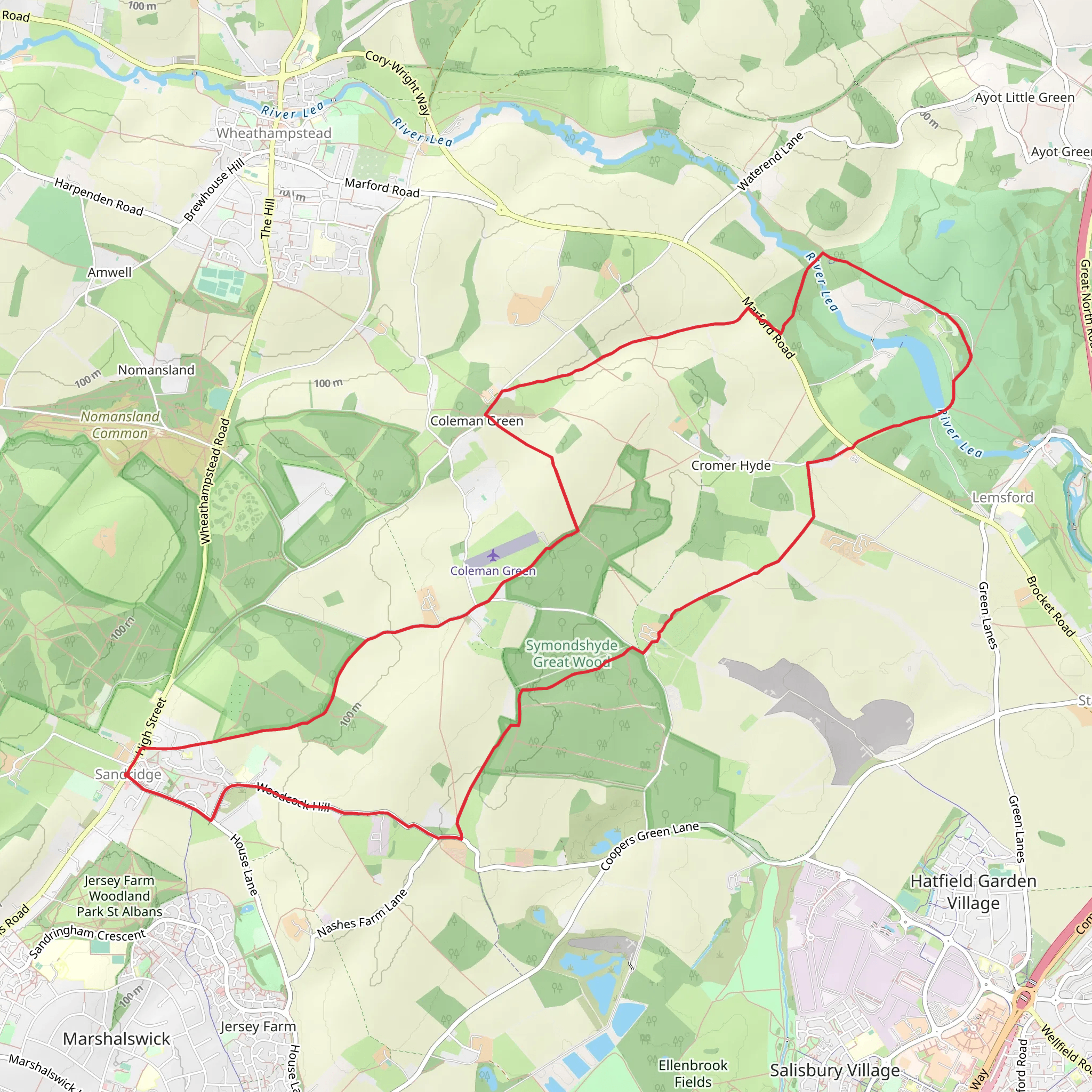 Sandridge via Coleman Green to Brocket Hall Circular mobile static map