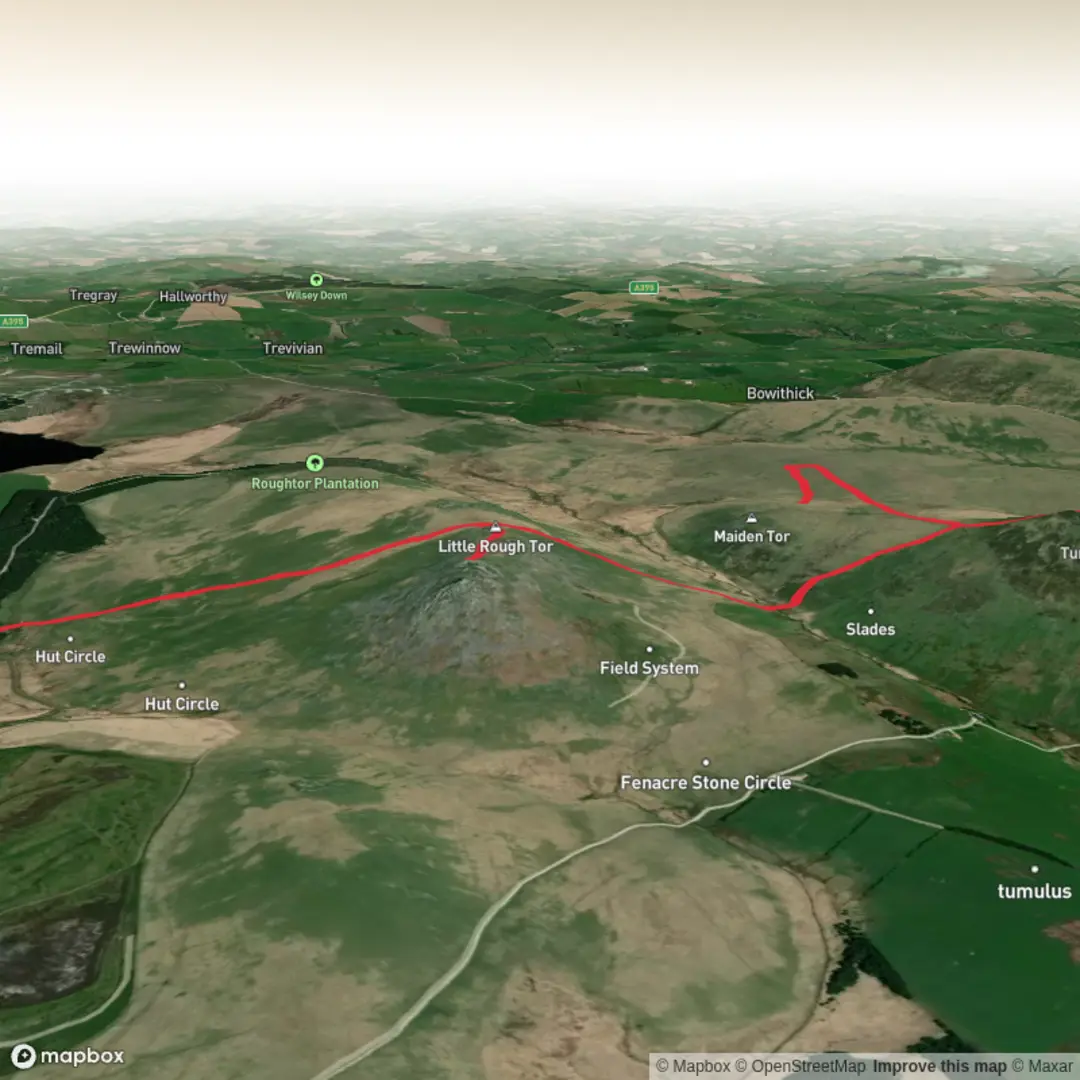 An image depicting the trail Roughtor to Brown Willy and back and its surrounding area.