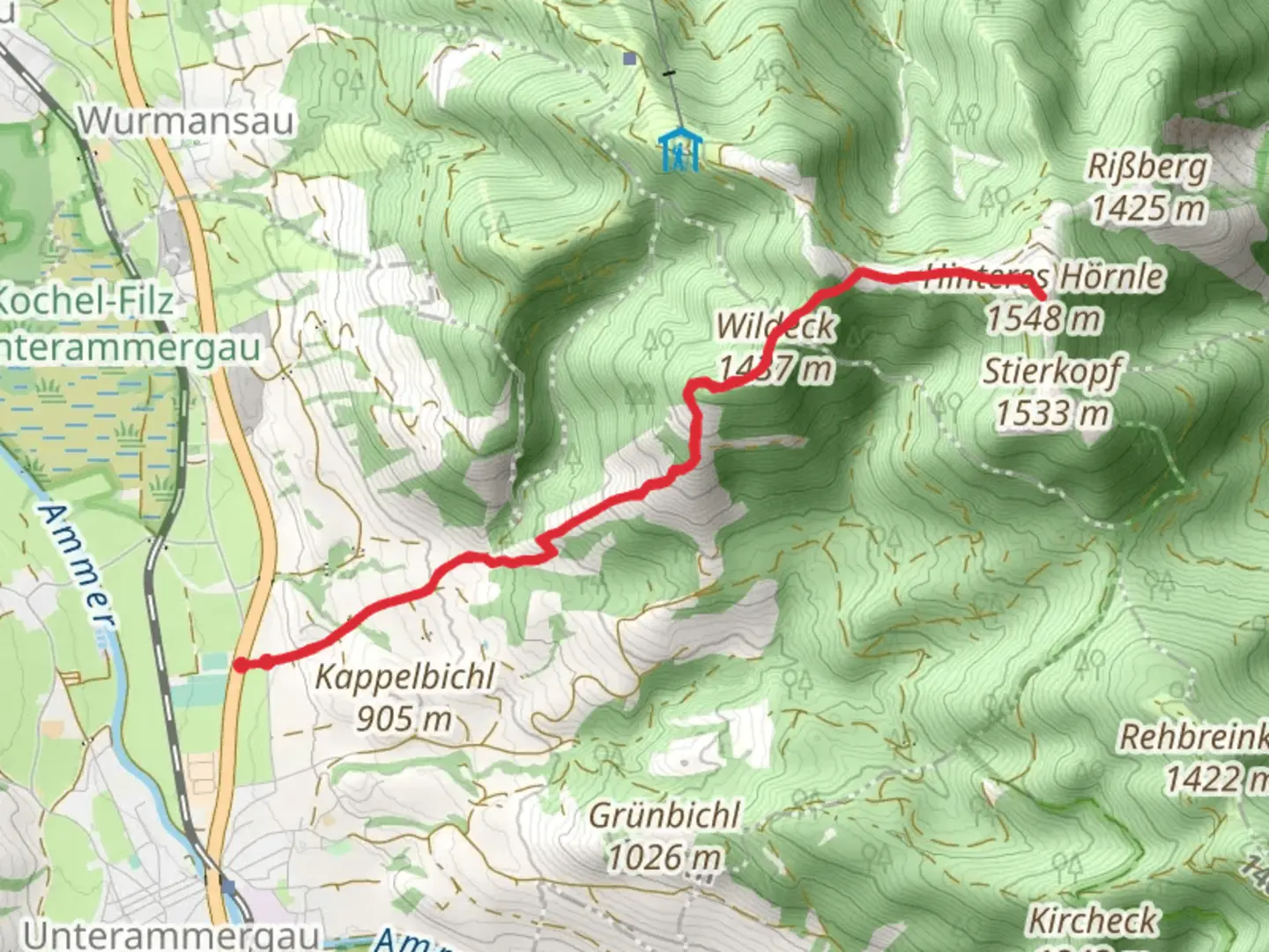 An image depicting the trail Hinteres Hörnle Peak Walk via Wildeck and Kappel and its surrounding area.