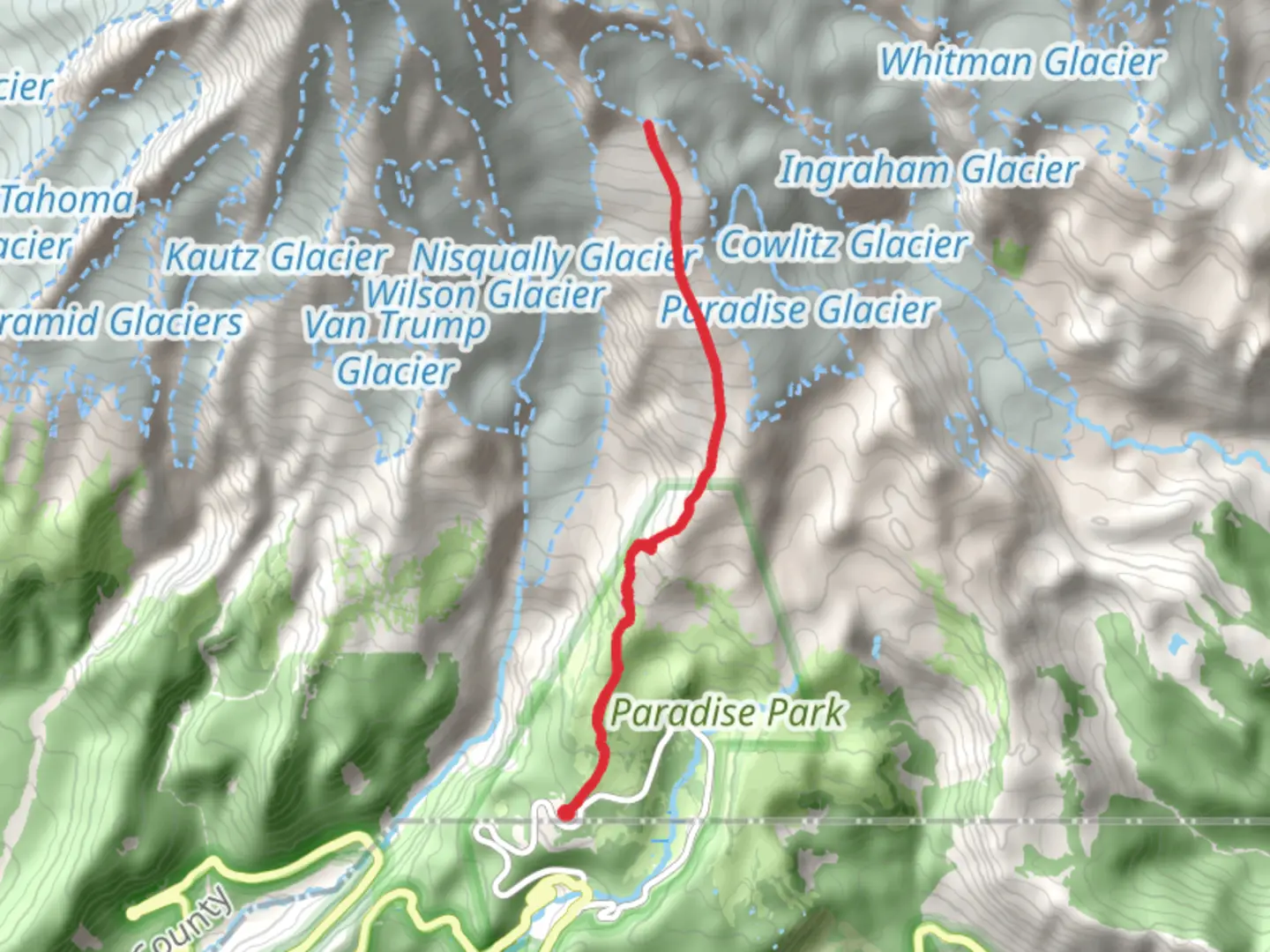 An image depicting the trail Camp Muir and Paradise Glacier via Skyline Trail and its surrounding area.