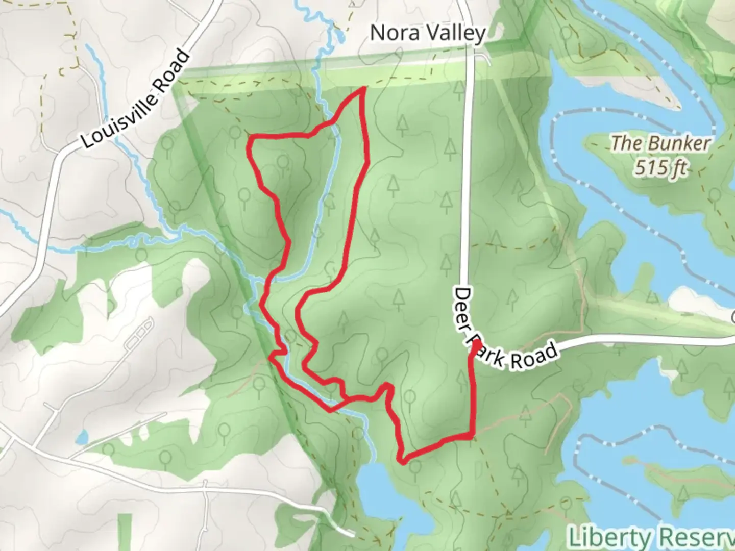 An image depicting the trail Liberty Reservoir Survivor Expedition Loop and its surrounding area.