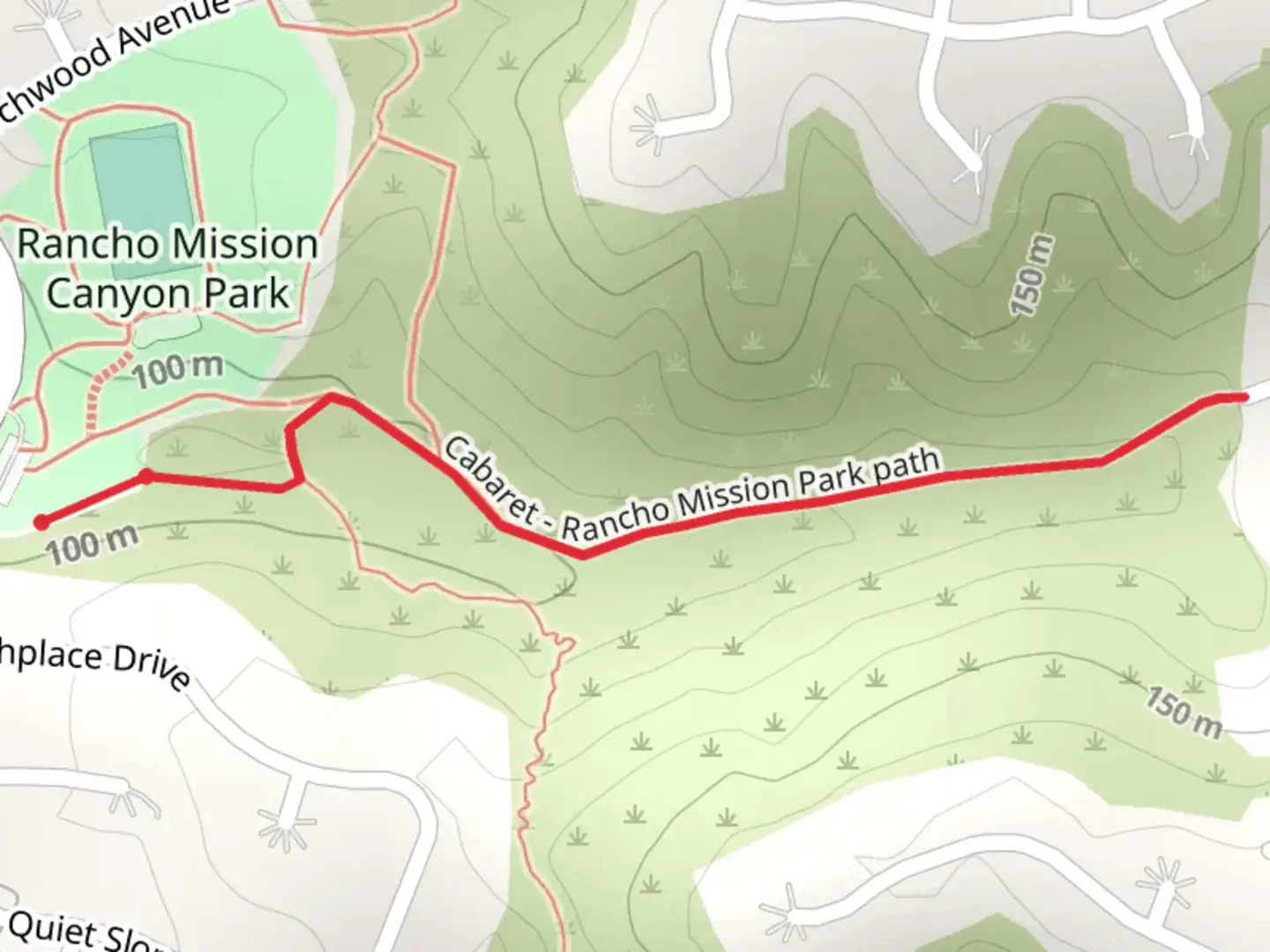 An image depicting the trail Cabaret - Rancho Mission Park path and its surrounding area.