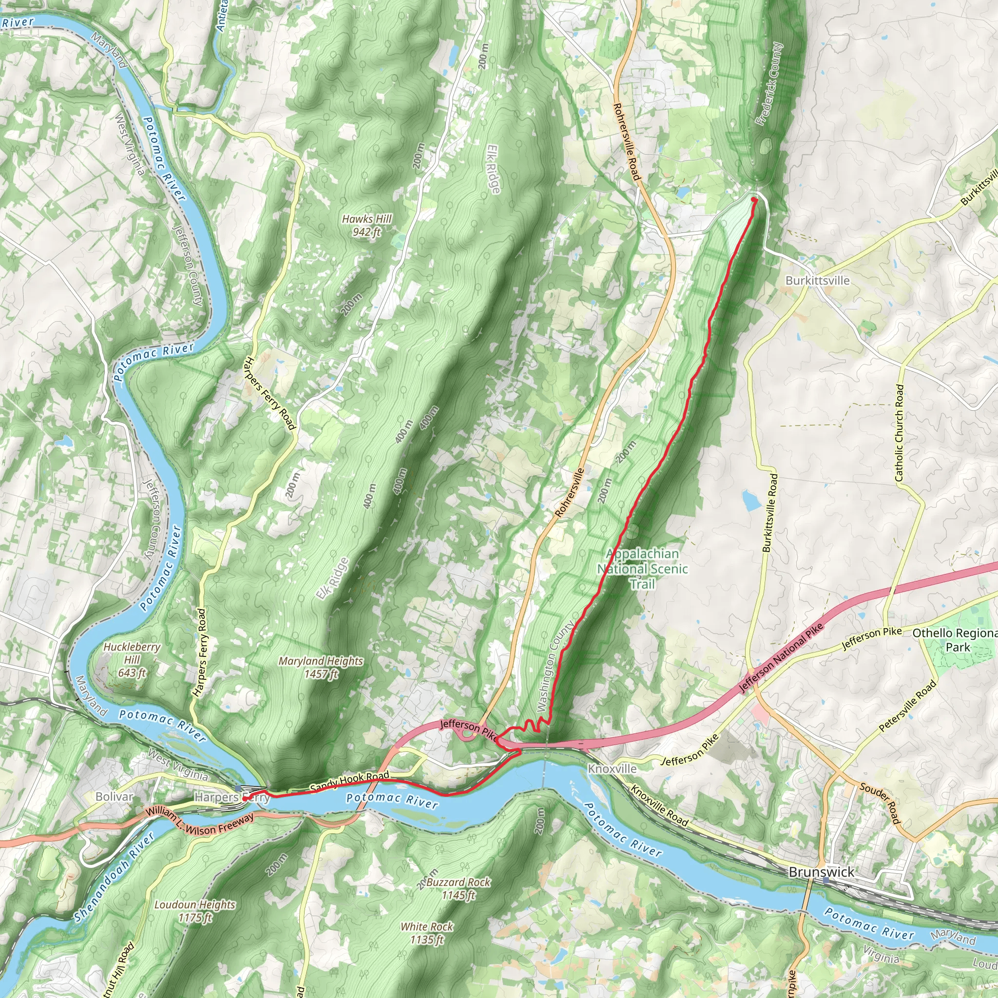 Burkittsville to Harpers Ferry via Appalachian Trail mobile static map