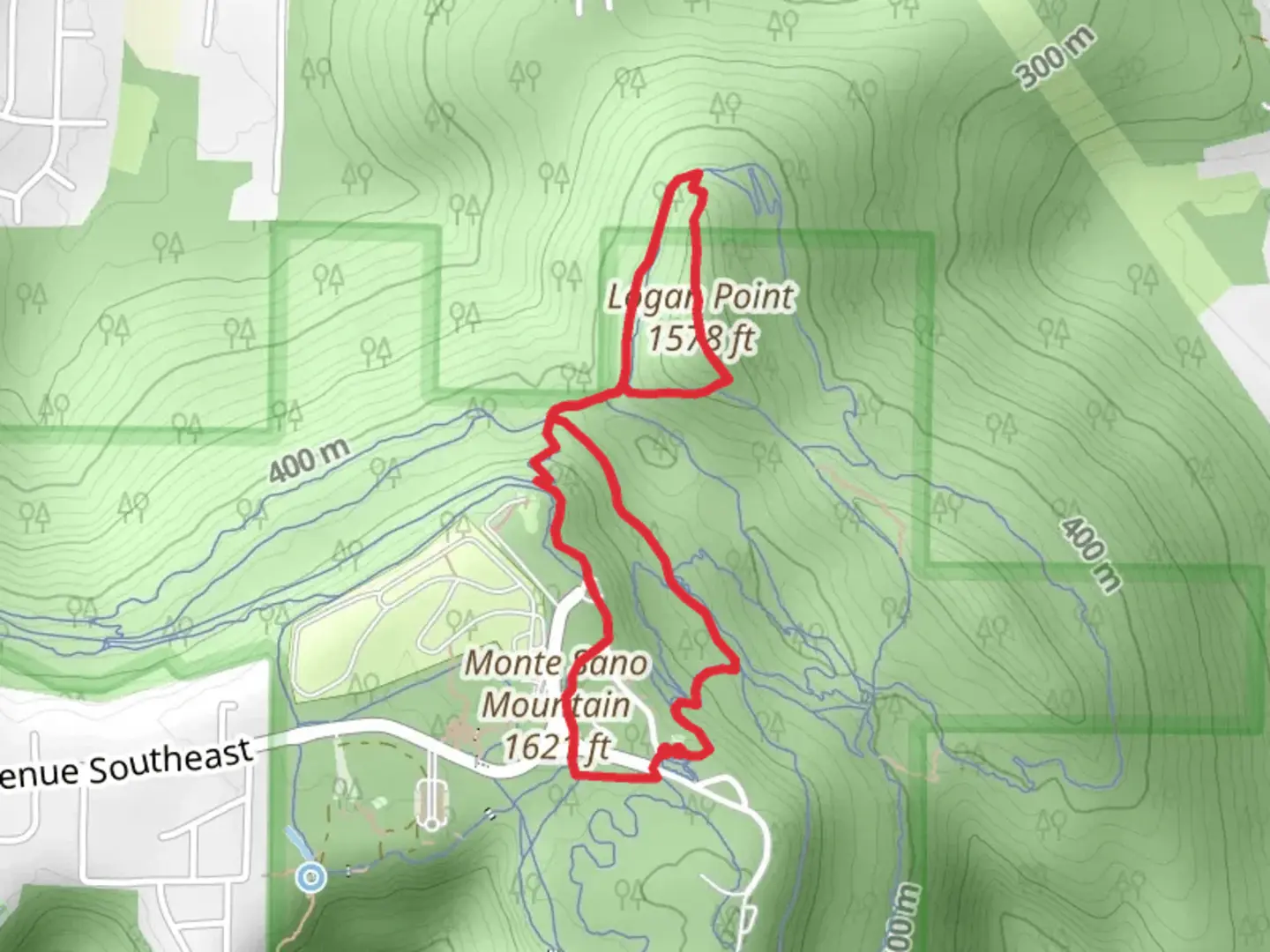An image depicting the trail Mountain Mist Trail, Logan Point Trail and North Plateau Loop and its surrounding area.