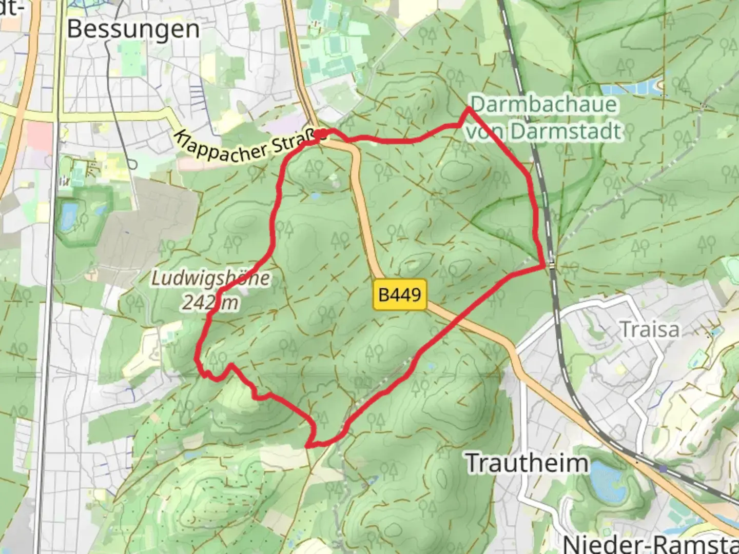 An image depicting the trail Darmstadt and Waldkunspfad and its surrounding area.