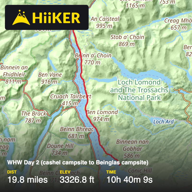 A map preview of the recording WHW Day 2 (cashel campsite to Beinglas campsite).