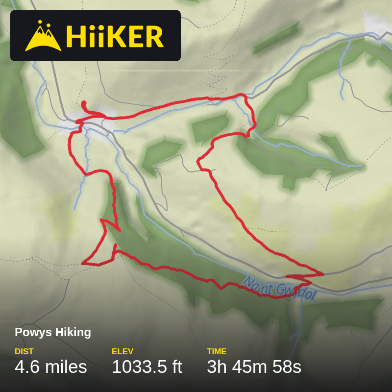 A map preview of the recording Powys Hiking.