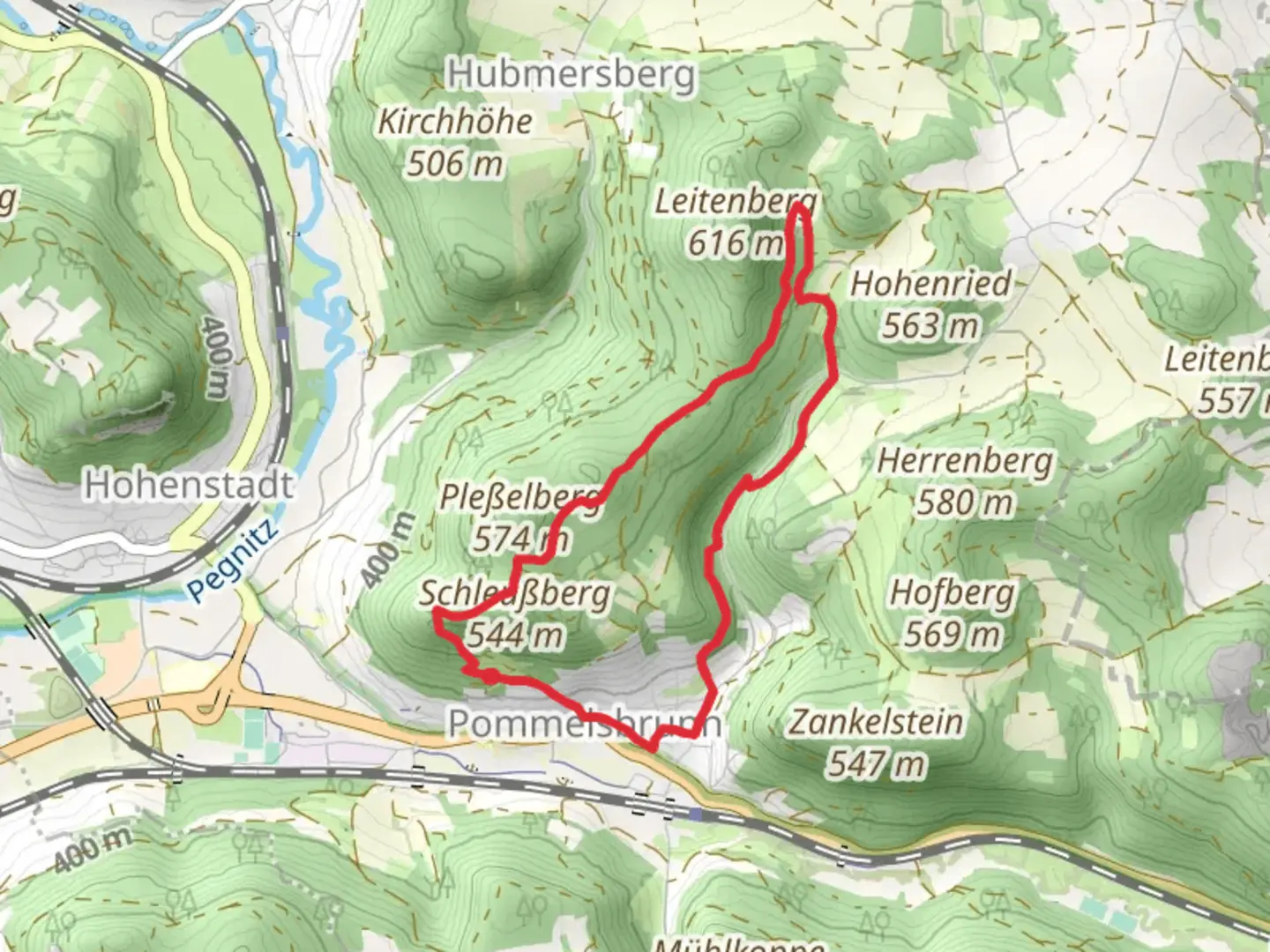 An image depicting the trail Wied, 7 Summits Weg Leitenberg and Gelbpunkt Loop and its surrounding area.