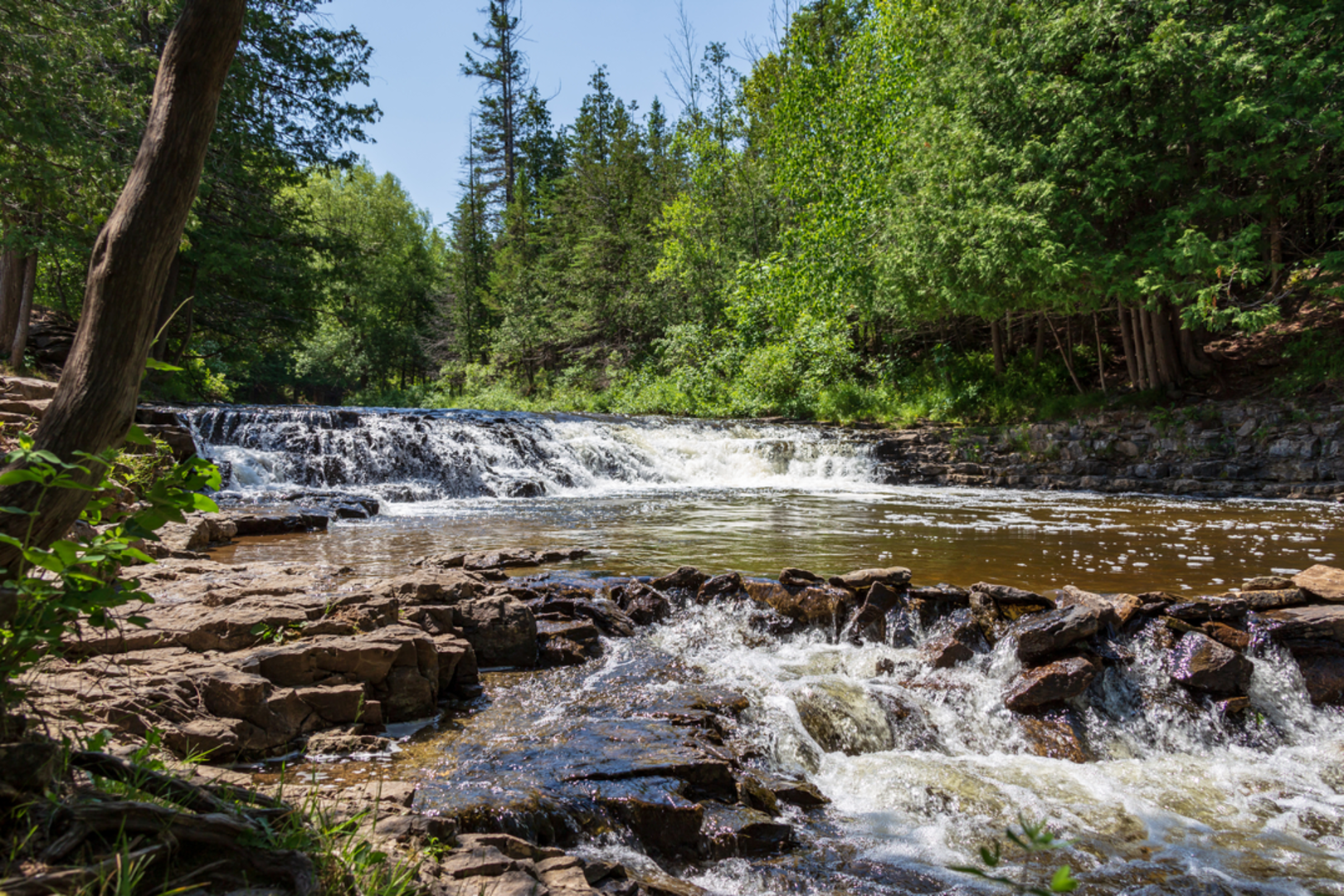 An image depicting the trail Ocqueoc Falls and its surrounding area.