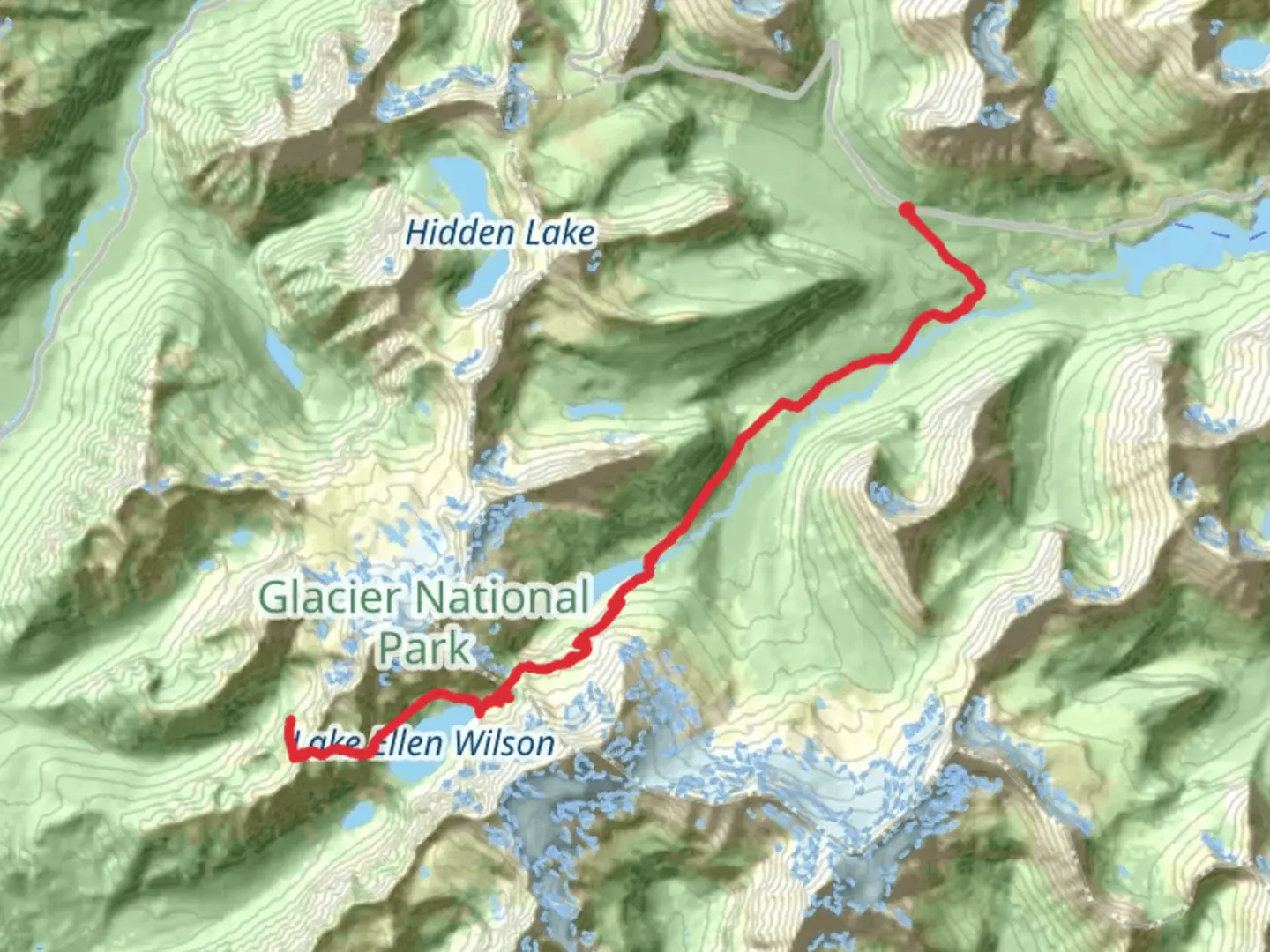 An image depicting the trail Gunsight Pass, Lake Ellen Wilson and Gunsight Lake via Piegan Pass and its surrounding area.