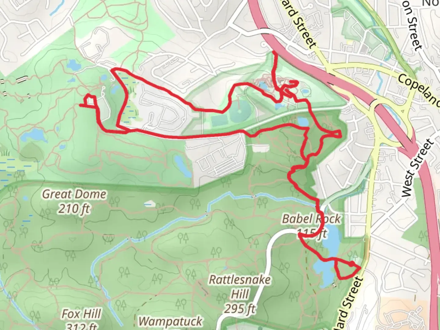 An image depicting the trail Saint Moritz Pond - Quincy Quarries Reservation Loop and its surrounding area.