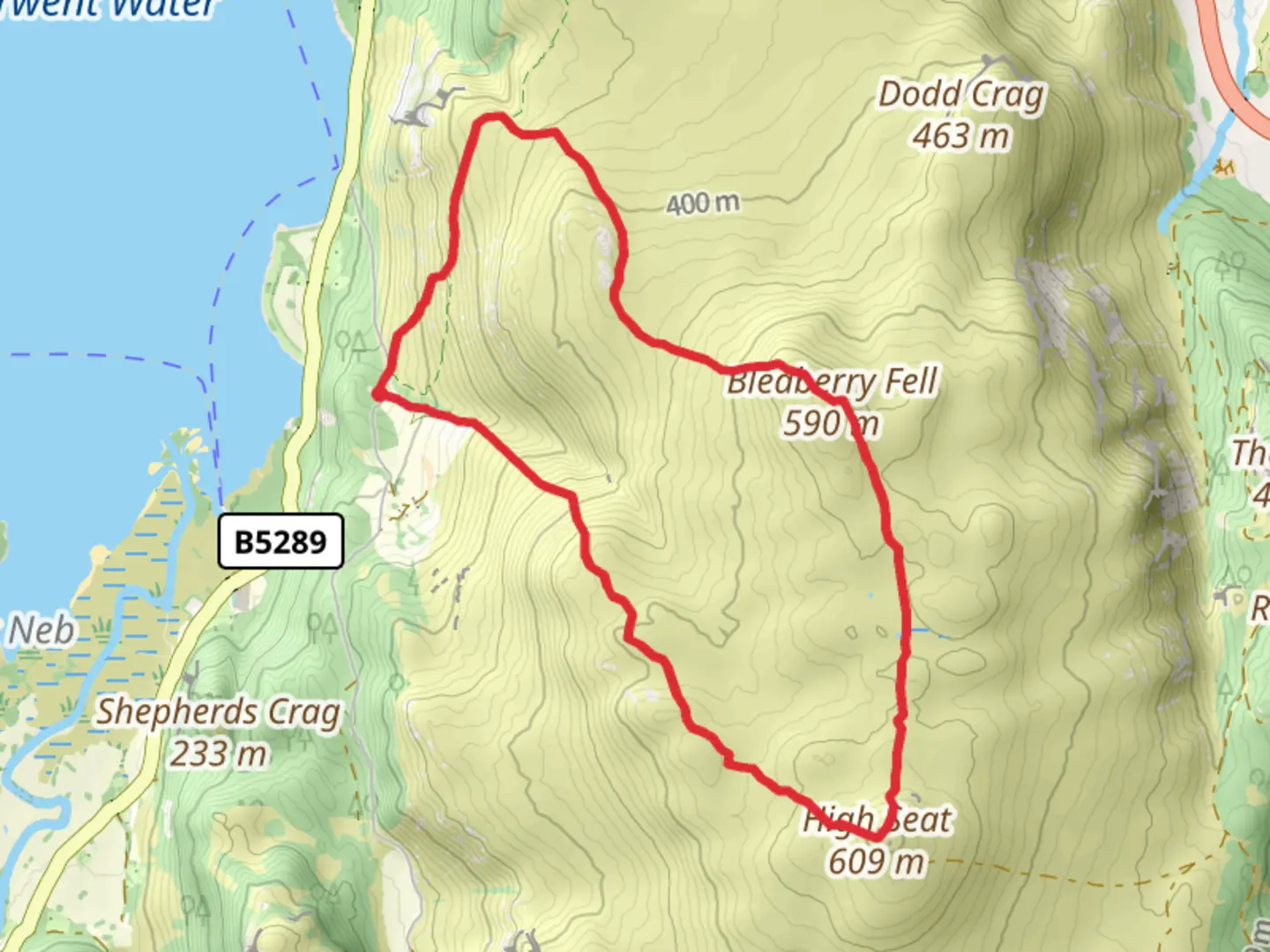 An image depicting the trail High seat and Bleaberry fell from Ashness Bridge. and its surrounding area.