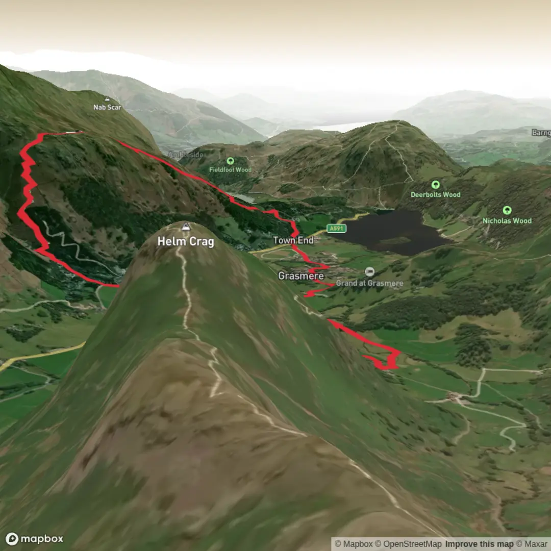 An image depicting the trail Wordsworth Way - Grasmere Loop via Alcock Tarn and its surrounding area.