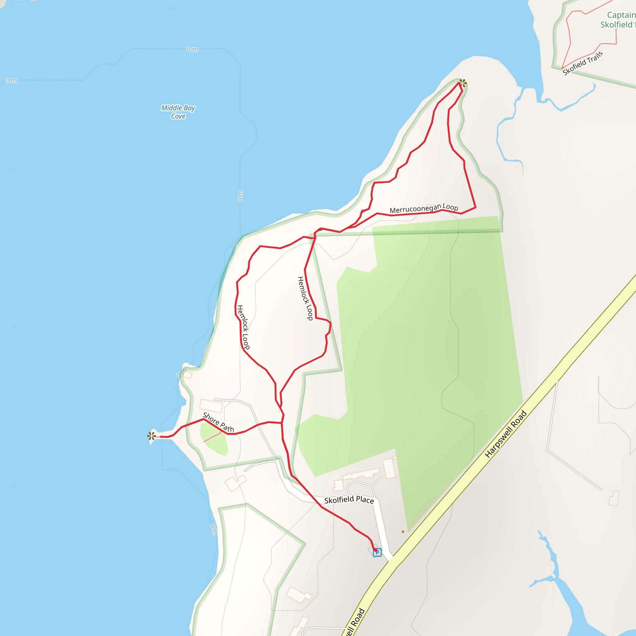 Hemlock Loop, Merrucoonegan Loop and Shore Path Trail mobile static map