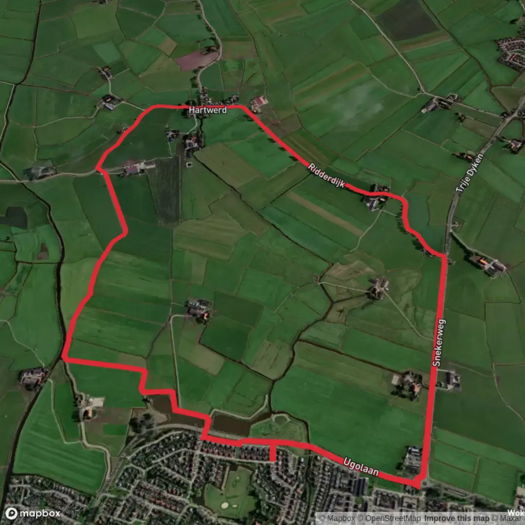 An image depicting the trail Ridderdijk and Sneker Weg and its surrounding area.