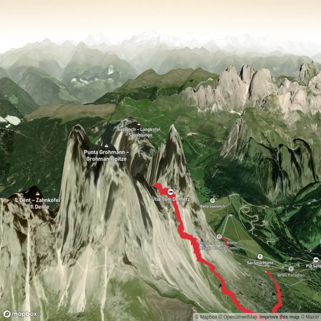 An image depicting the trail Hike 1 - Piz Sella - Ciaulong | Sassolungo Cable Cars and its surrounding area.
