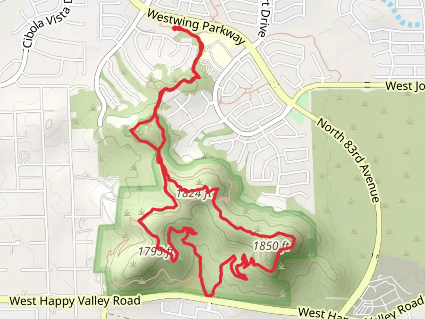 An image depicting the trail Sunrise Trail, Saguaro Family Trail and Mine Shaft Pass Loop and its surrounding area.