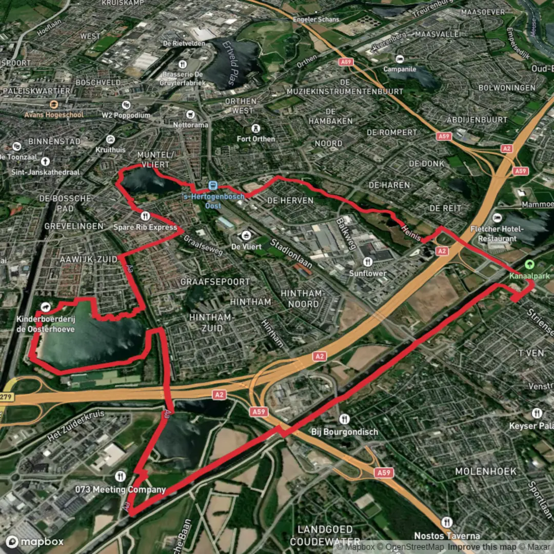 An image depicting the trail Oosterplas, Berlicumse Plas and De Ijzeren Vrouw Loop and its surrounding area.