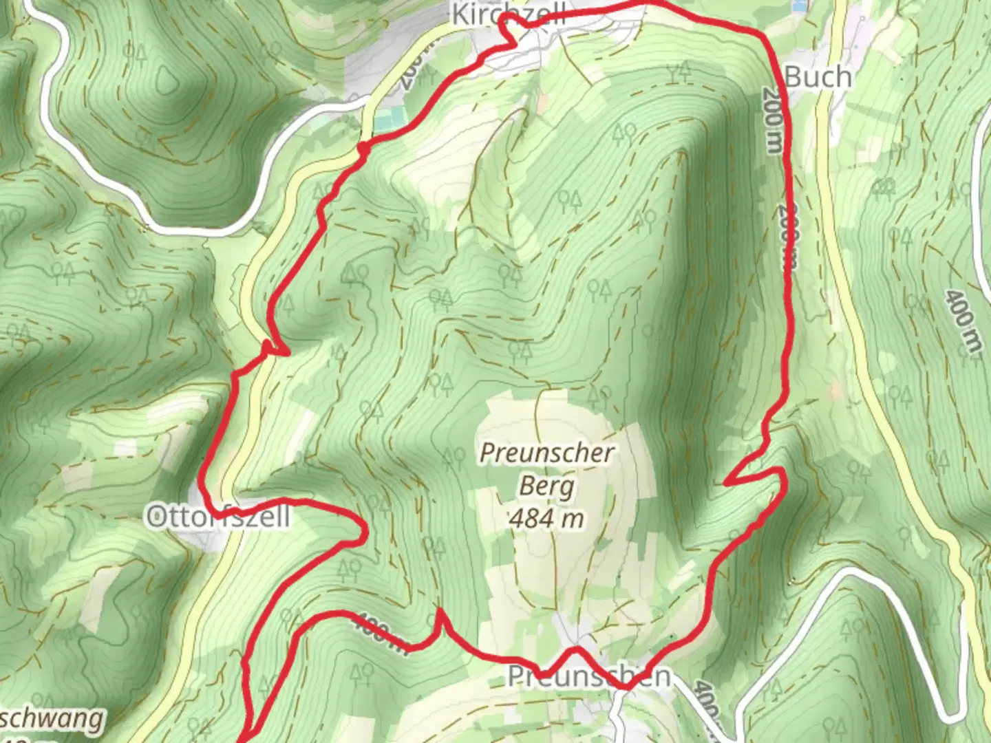 An image depicting the trail Ottorfszell and Nibelungensteig and its surrounding area.