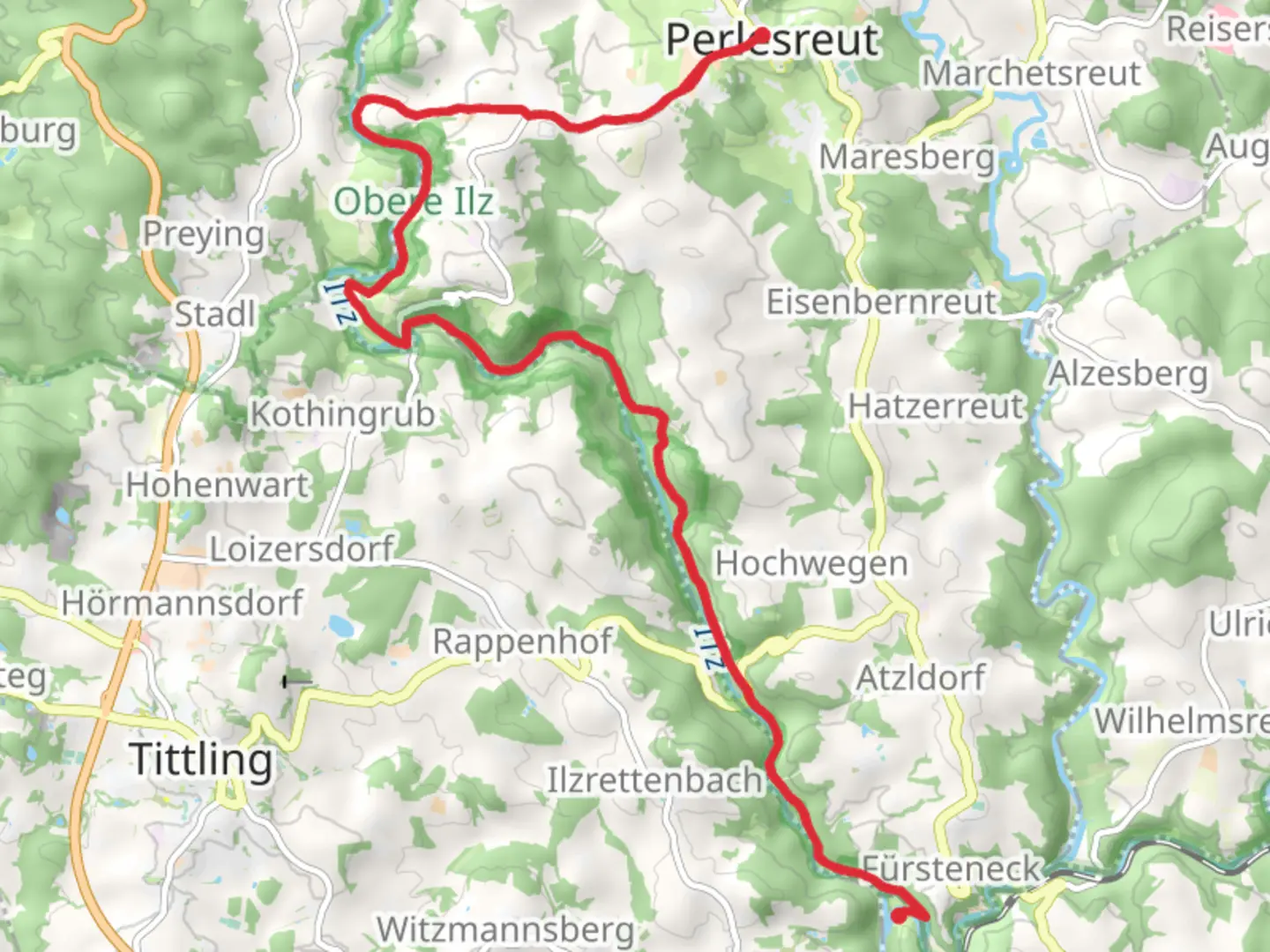 An image depicting the trail Perlesreut to Fürsteneck via Golsteig and its surrounding area.