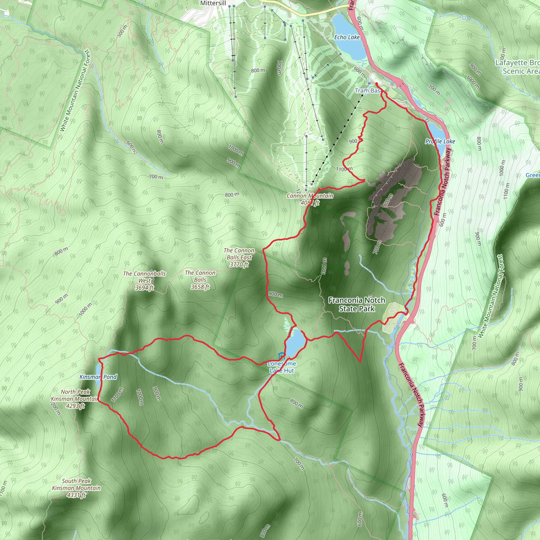 Cannon Mountain, Lonesome Lake and Kinsman Pond Loop Trail mobile static map
