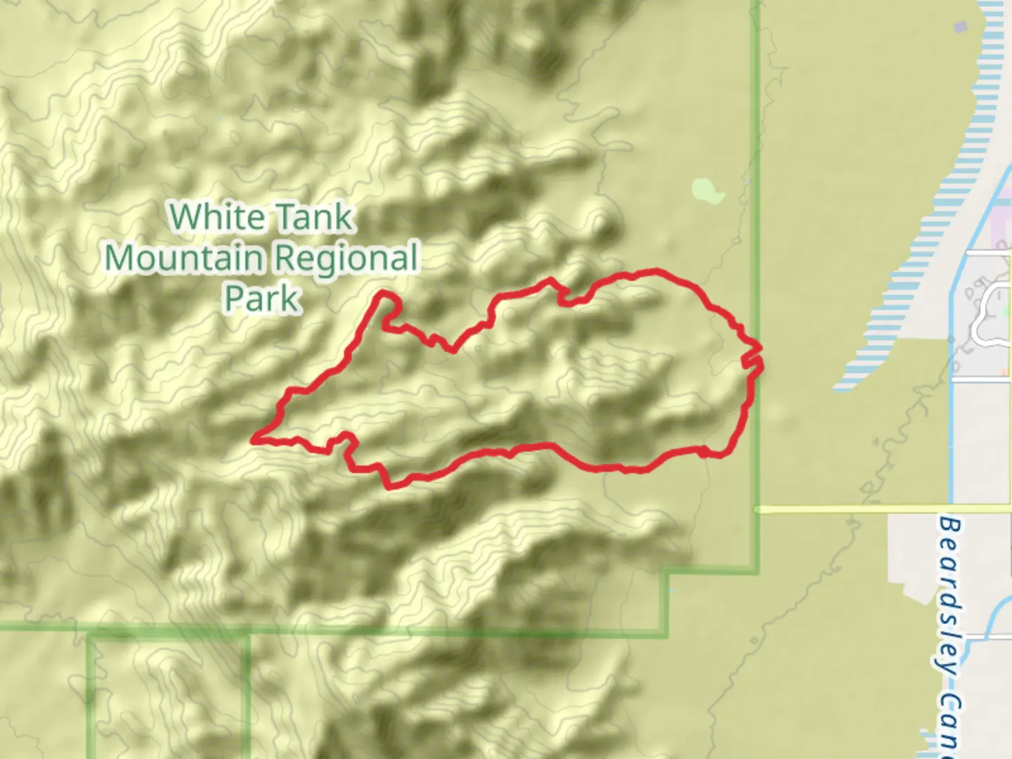 An image depicting the trail Goat Camp, Mesquite Canyon and Mule Deer Loop Trail and its surrounding area.