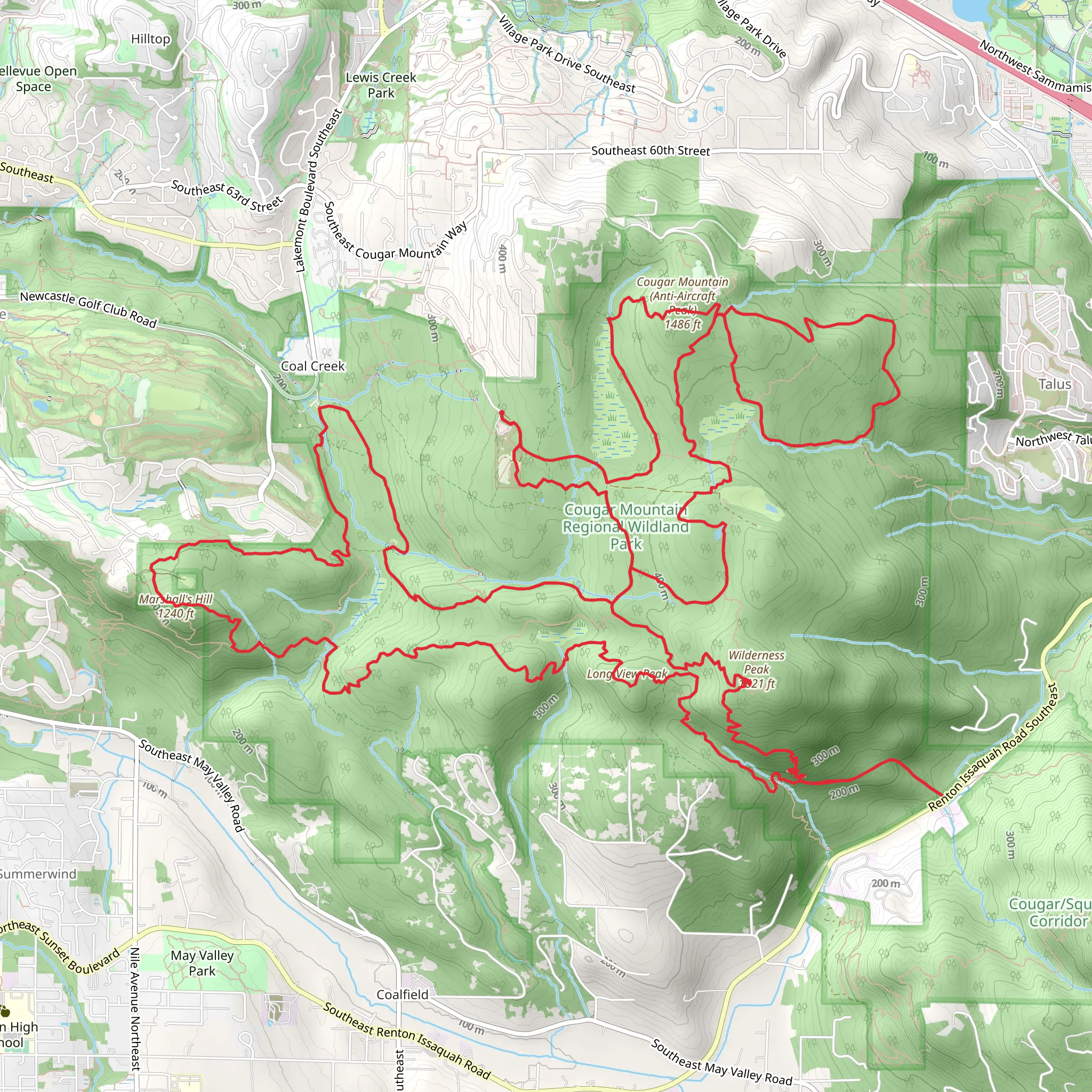 Cougar Mountain, Wilderness Peak, Long View Peak Loop - Cougar Mountain Regional Wildland Park mobile static map