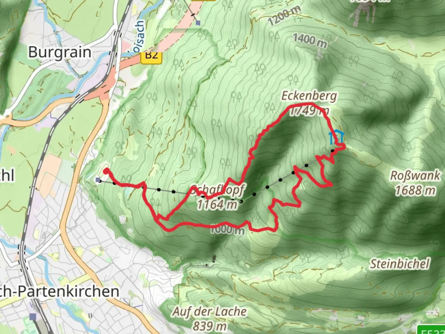 An image depicting the trail Naturkino, Eckenberg, Wankweg and Schafkopf via Alpina Violett and its surrounding area.
