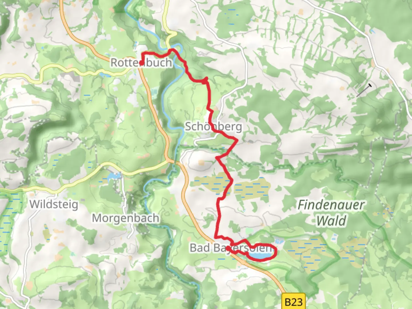 An image depicting the trail Rottenbuch to Bad Bayersoier via Soiener See and its surrounding area.