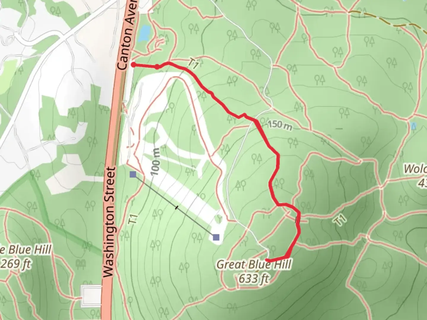 An image depicting the trail Great Blue Hill from Canton Avenue and its surrounding area.