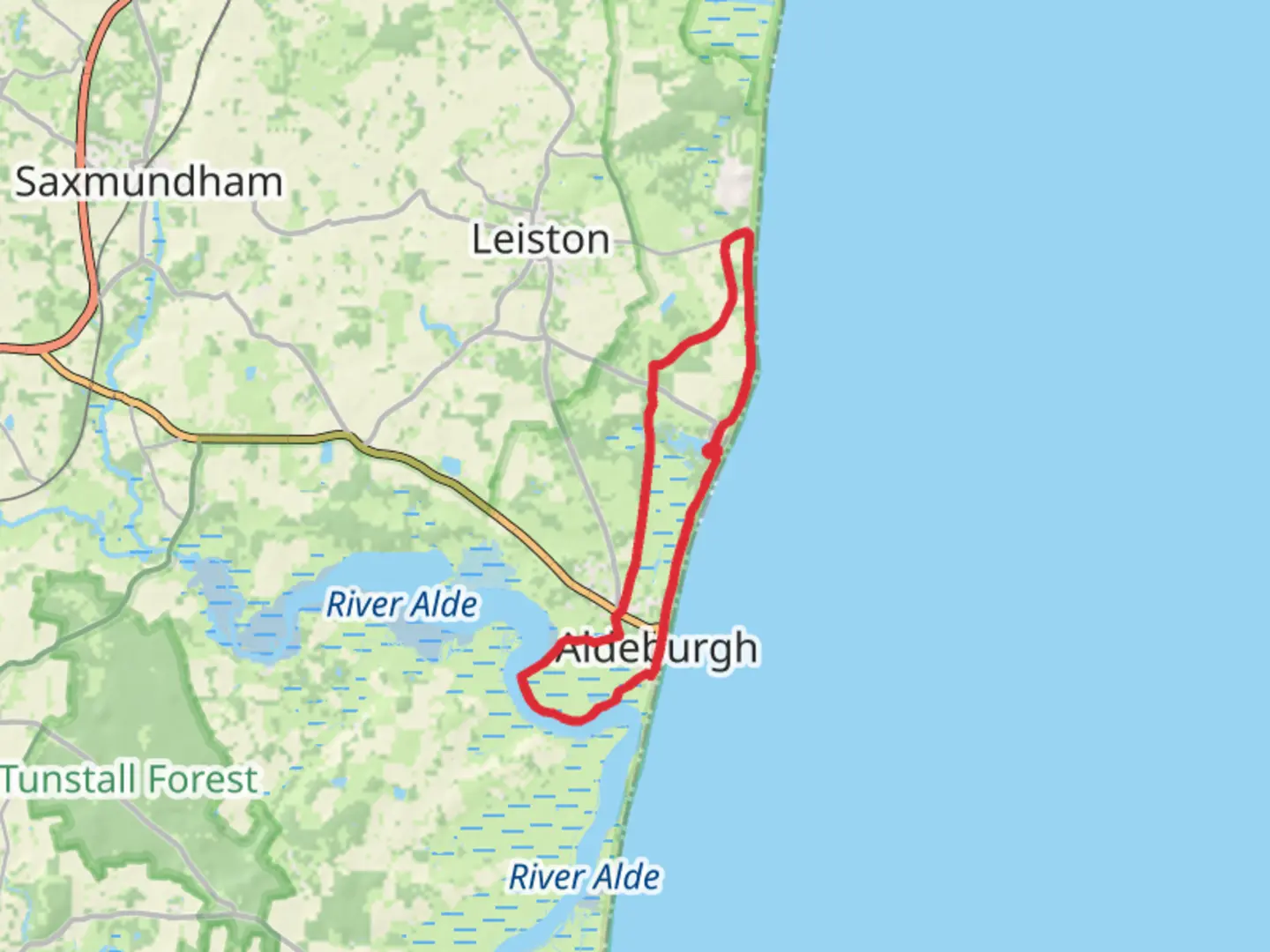 An image depicting the trail Thorpness to Aldeburgh via Sizewell and its surrounding area.
