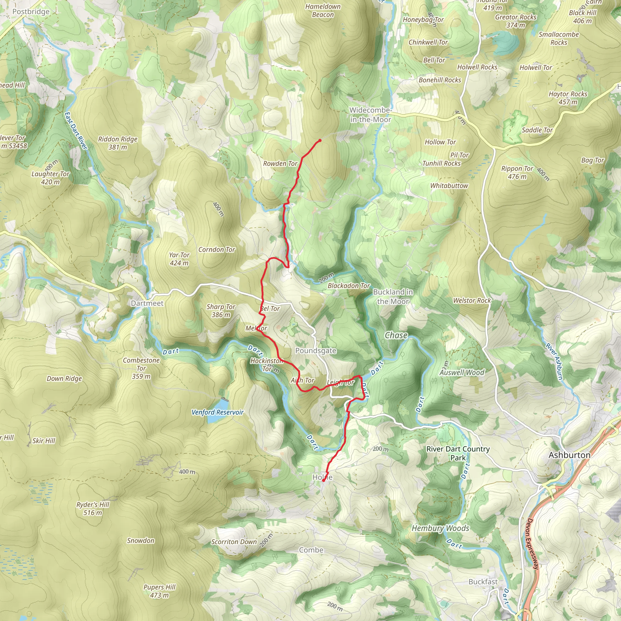 Holne to Wide Walk via Leigh Tor mobile static map