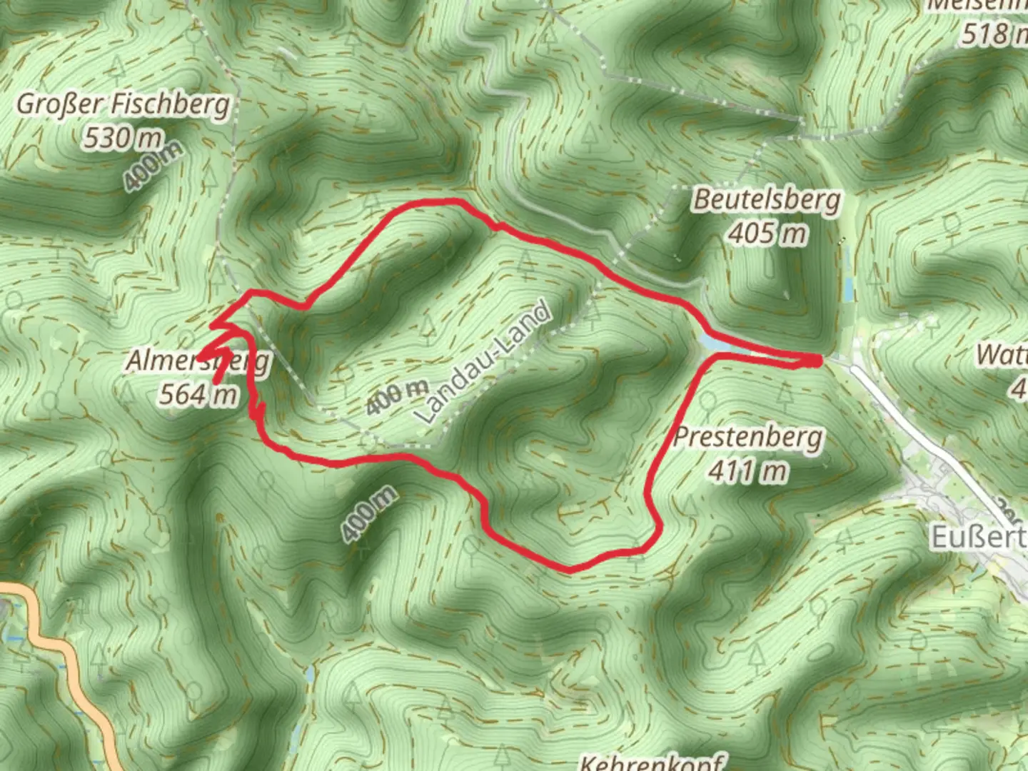 An image depicting the trail Almersberg via Pfaelzerwald Roter Punkt and Pfaelzerwald Blauer Balken and its surrounding area.