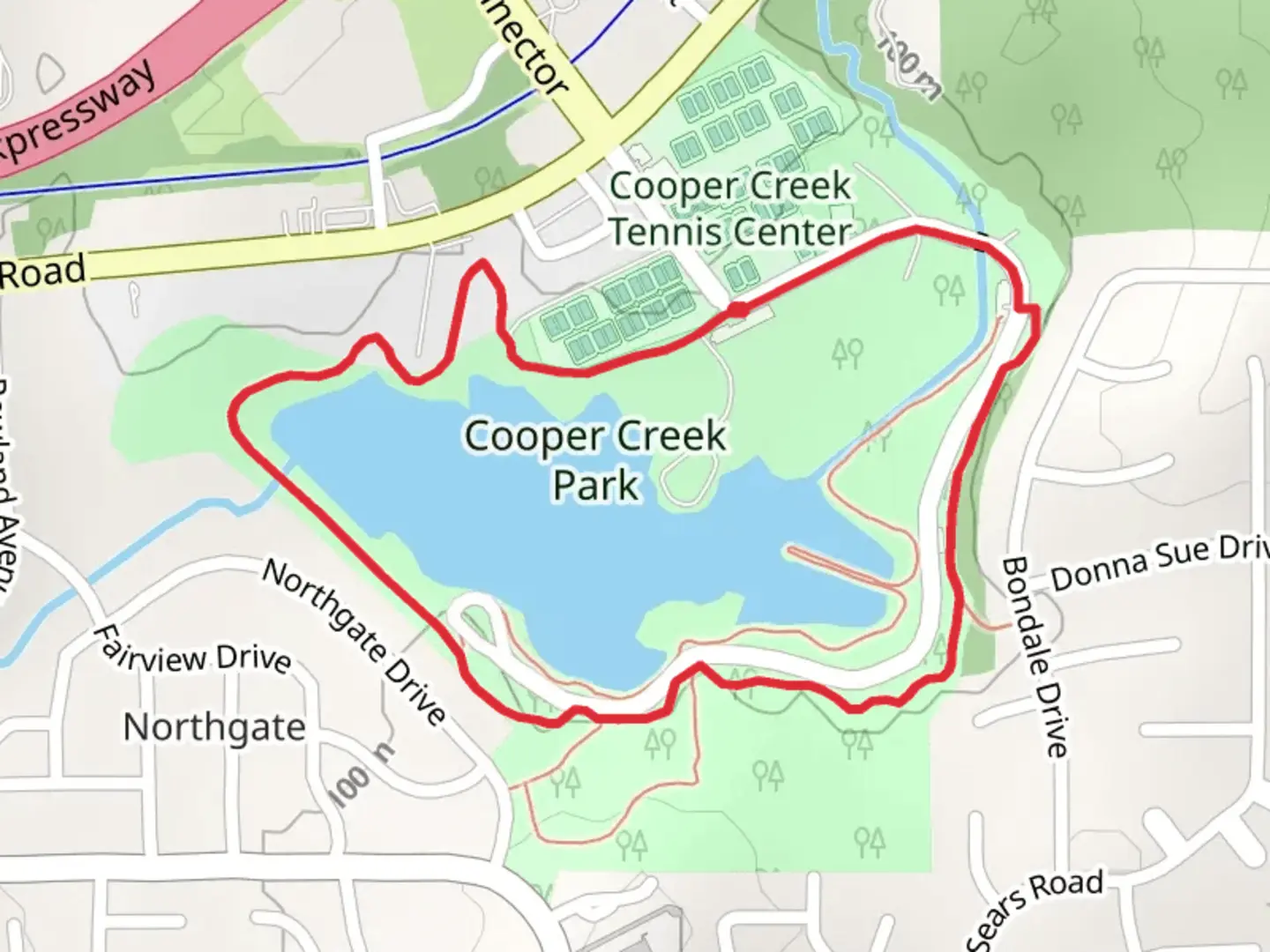 An image depicting the trail Cooper Creek Park Fitness Trail Loop and its surrounding area.
