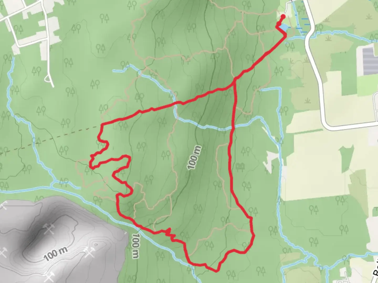 An image depicting the trail Pipeline - Red - White square Loop and its surrounding area.