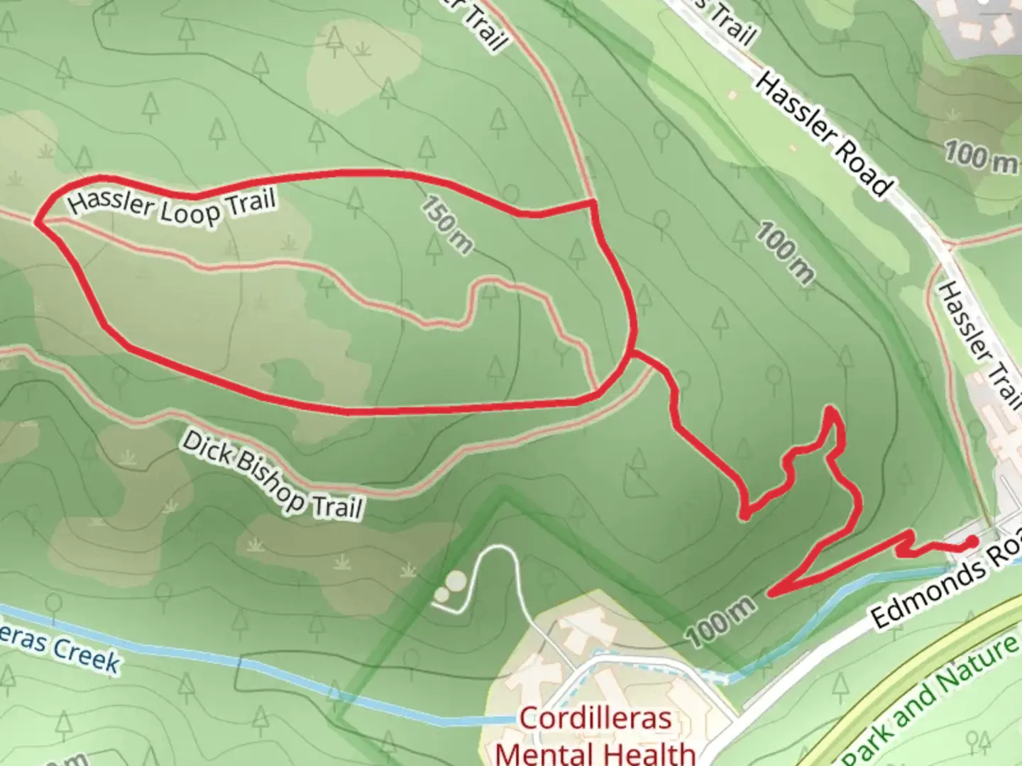 An image depicting the trail Hassler Loop via Blue Oak Trail and its surrounding area.