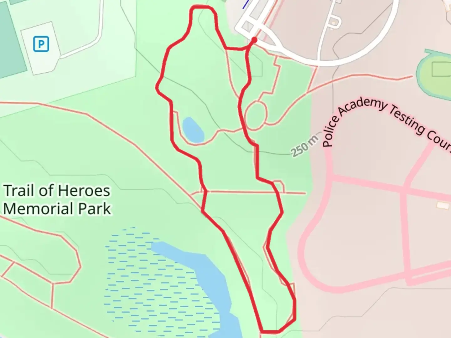 An image depicting the trail Trail of Heroes Memorial Park Short Loop and its surrounding area.