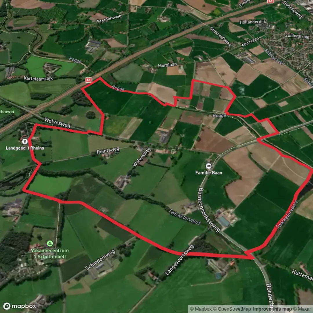 An image depicting the trail De Mors and Het Rheins via Ganzen Weg and its surrounding area.
