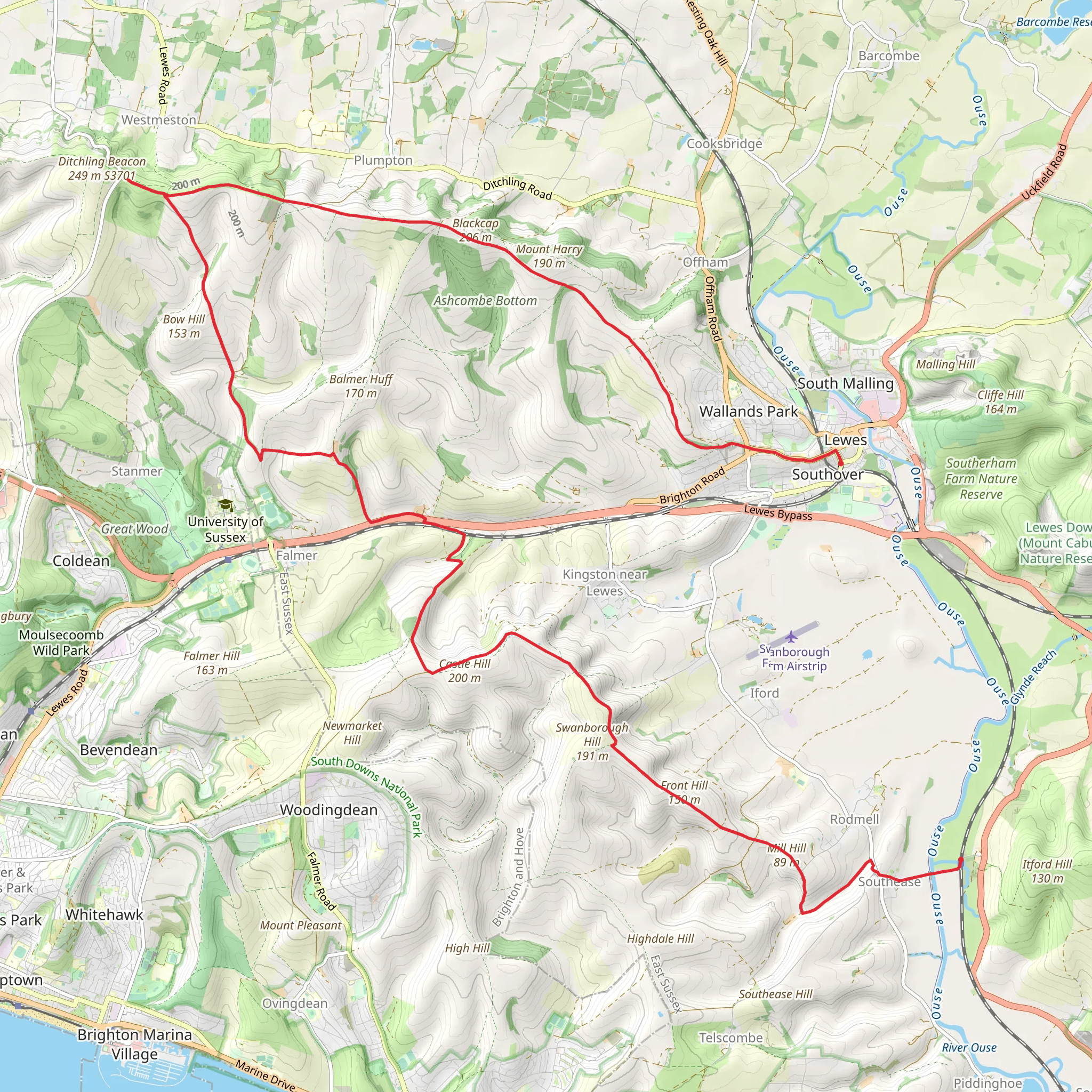 Southease - Ditchling Beacon and Lewes mobile static map