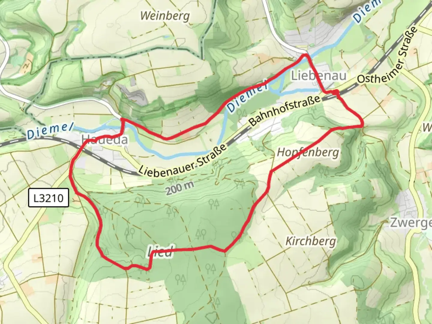An image depicting the trail Liebenau Li1 Loop and its surrounding area.