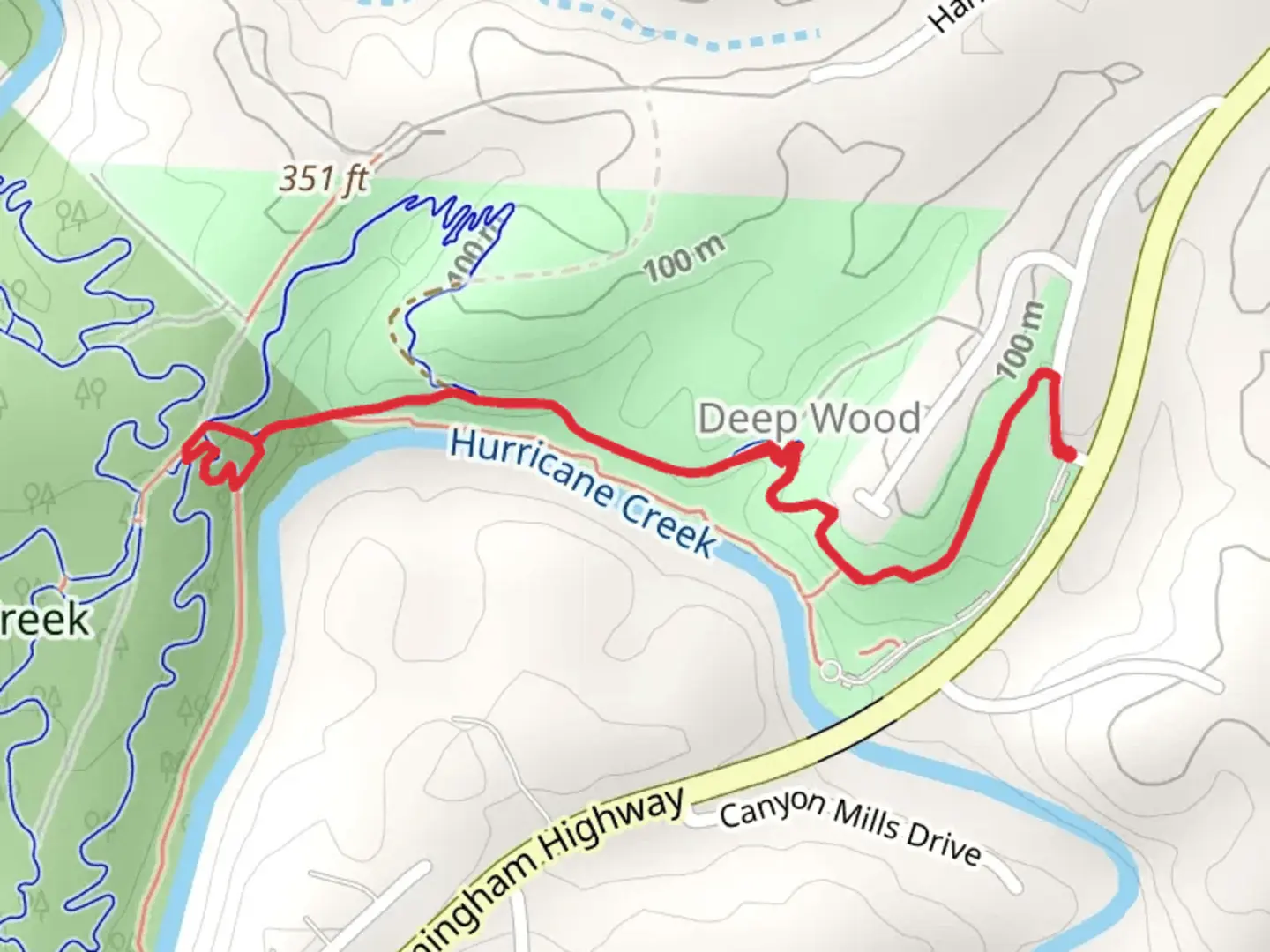 An image depicting the trail Hurricane Creek Park and Portal Loop and its surrounding area.