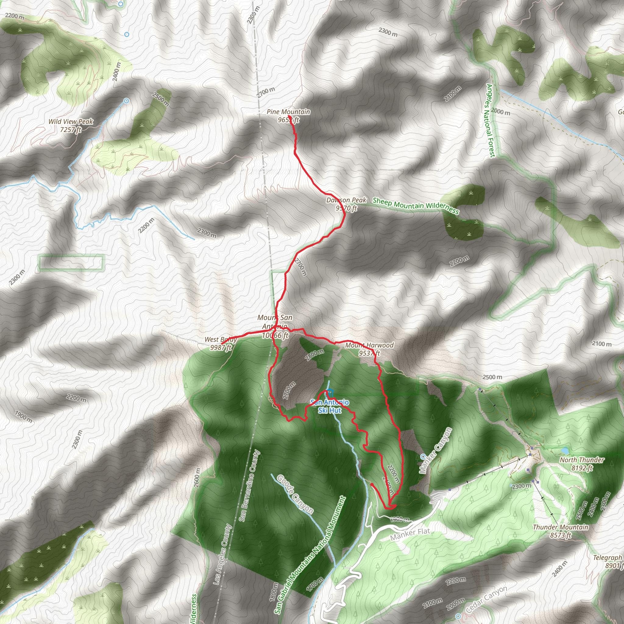 Baldy Bowl, Mount San Antonio, Pine Mountain and Register Ridge Loop Trail mobile static map