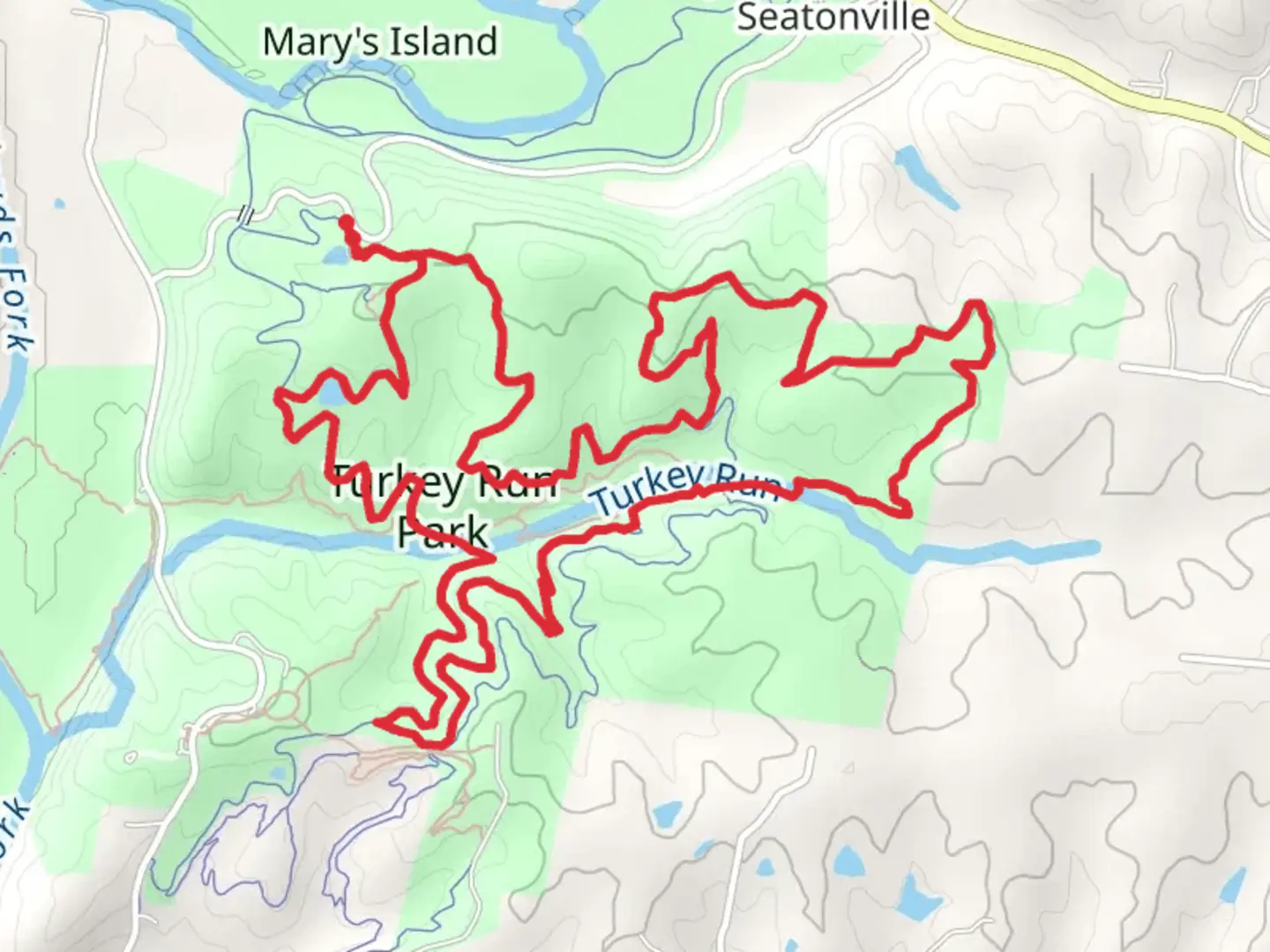 An image depicting the trail Turkey Run Park via Paw Paw Trail and Chinkapin Trail and its surrounding area.