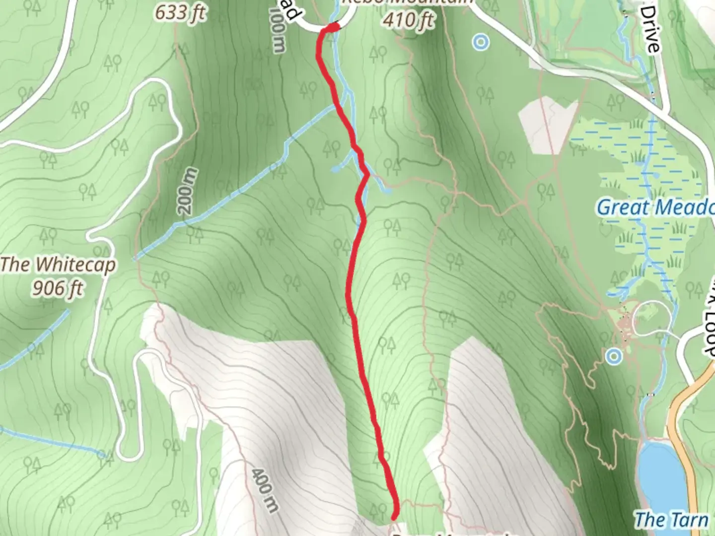 An image depicting the trail Gorge Path from Park Loop Road and its surrounding area.
