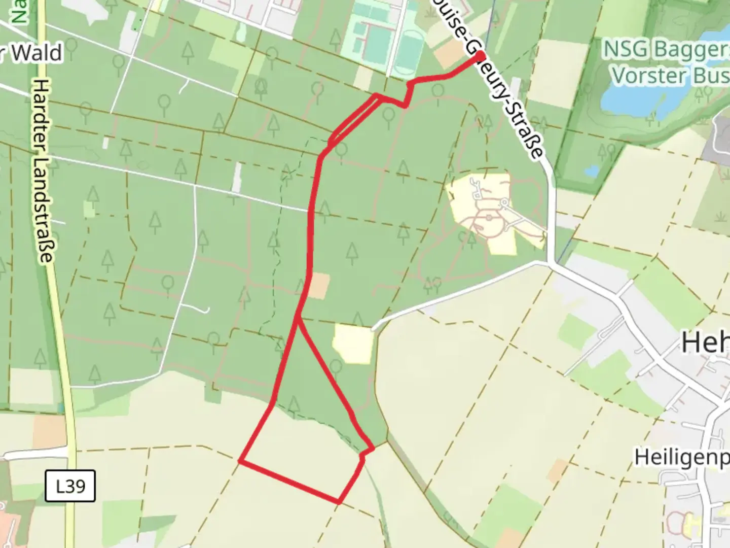 An image depicting the trail An der Heuschlipp via Krefeld and its surrounding area.