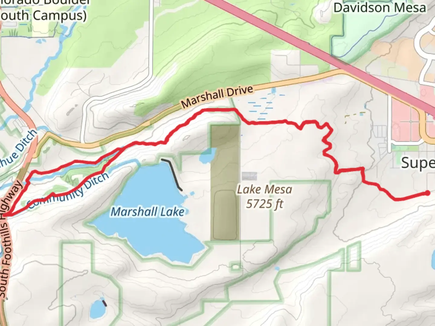 An image depicting the trail Community Ditch Loop and its surrounding area.