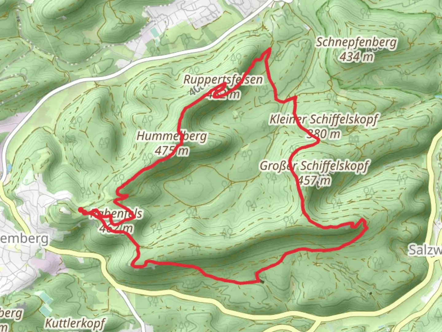 An image depicting the trail Ringstein and Langmuehlsicht via Pfaelzerwald Gruenes Dreieck and its surrounding area.