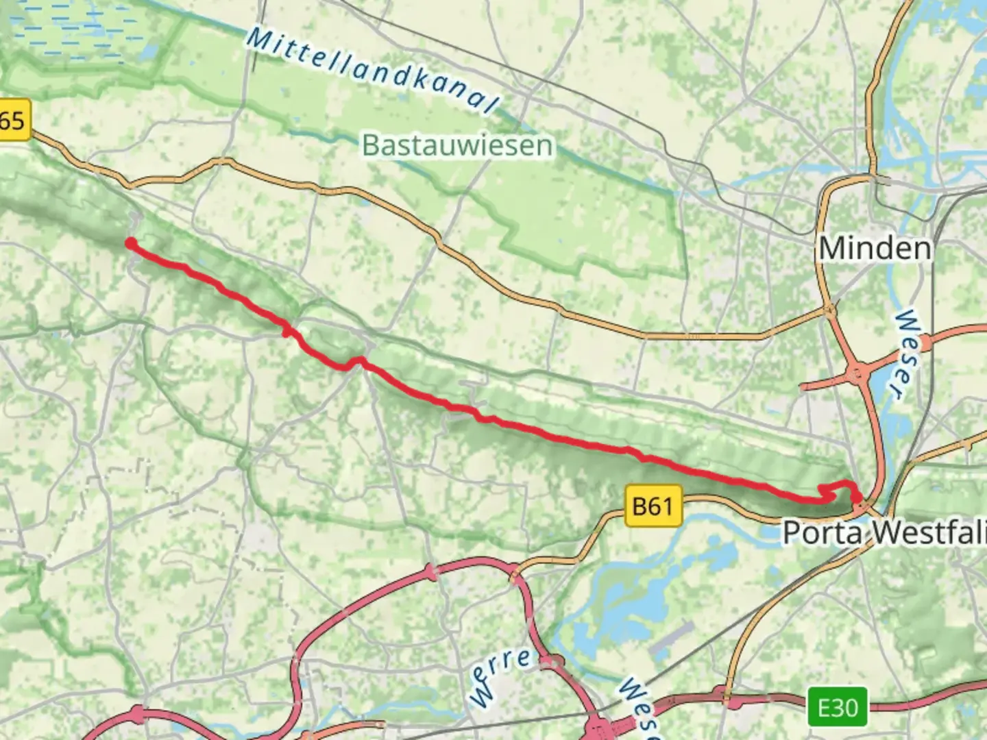 An image depicting the trail Schnathorster Berg to Barkhausen Walk via Muhlensteig and its surrounding area.